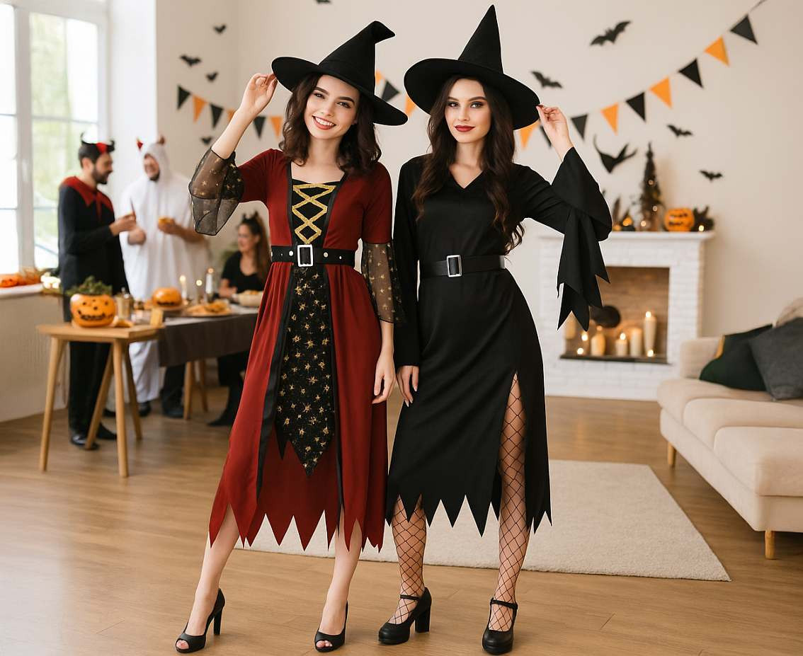 Role play-set for adult Red Witch (dress, hat, belt), size M